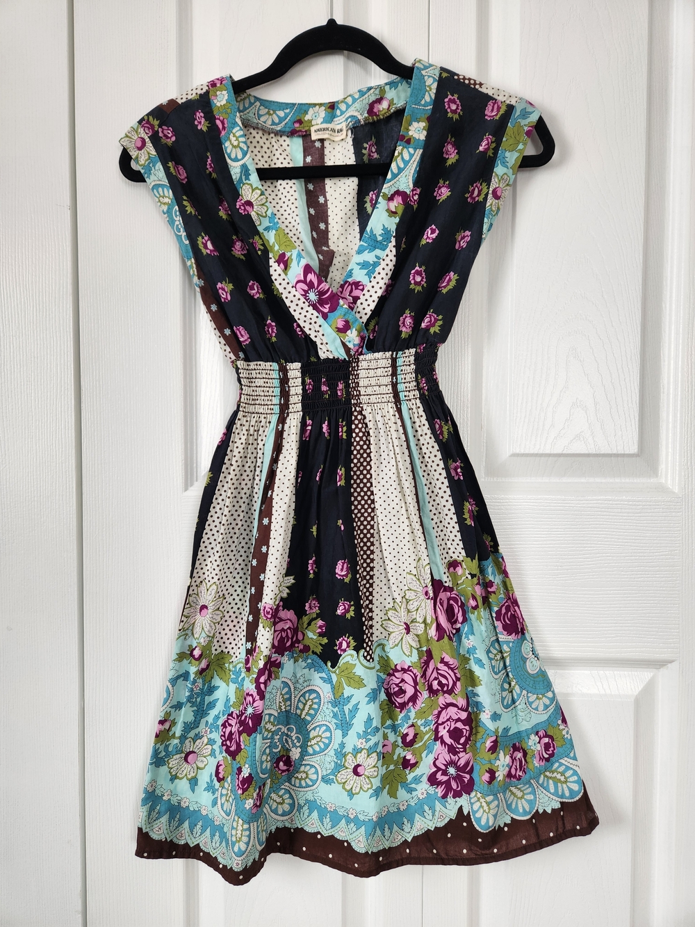 American Rag Floral V-Neck Mini Dress in Black, Teal, and Magenta
